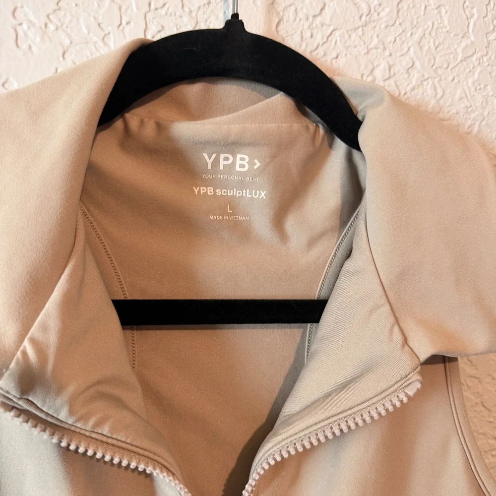YPB sculptLUX Half Zip Collared Tank Top Large Tan Activewear Athleisure
